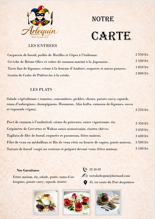 CARTE L ARLEQUIN RESTAURANT NOUMEA