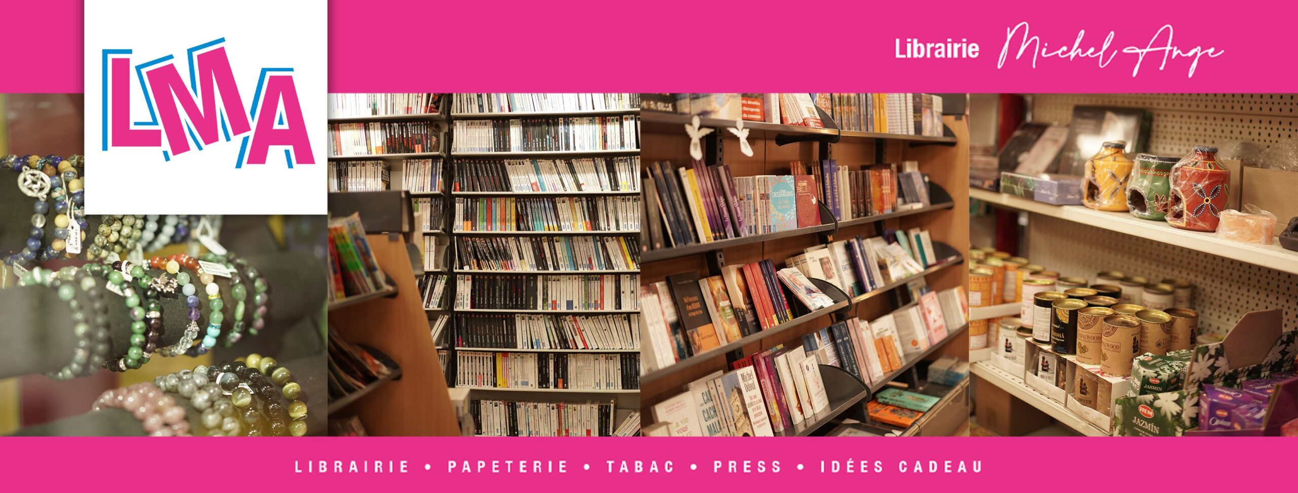 bracelets,bougies,livres en rayon à la librairie Michel Ange à Nouméa qui accepte les Chèques Cadeaux Calédoniens