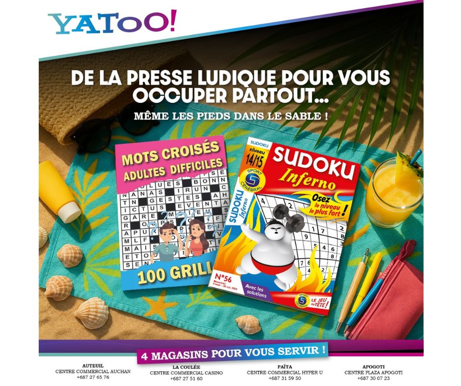 Livres de jeux mots croisés et sodoku en vente chez Yatoo NC, partenaire Chèque Cadeau Calédonien